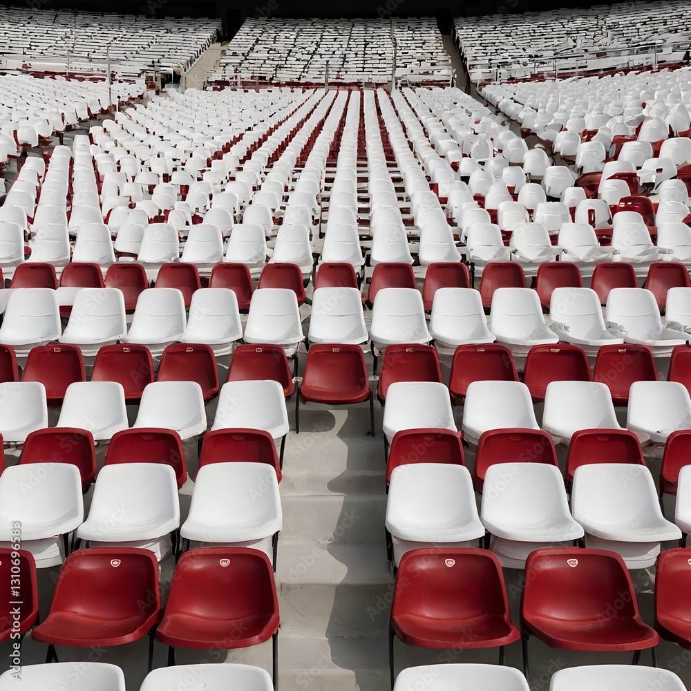 Fototapeta premium Empty Stadium Seats - Red and White Plastic Chairs