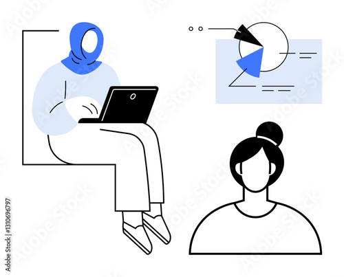 Person with hijab using laptop and another person in conversation with chart graphics. Ideal for collaboration, remote work, diversity, data analysis, communication, education, creativity. Flat