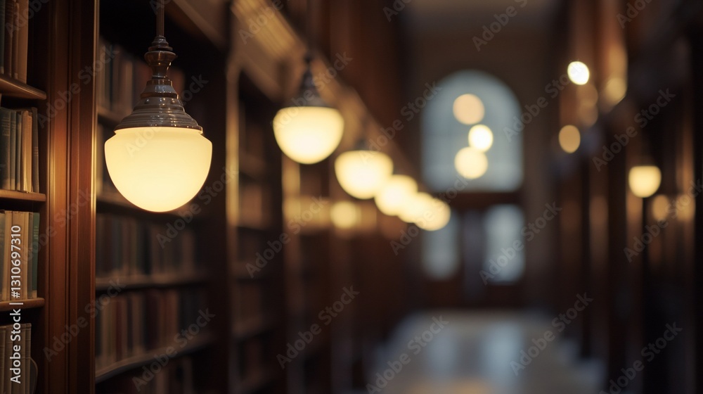 Illuminated library hallway with bookshelves and hanging lights.