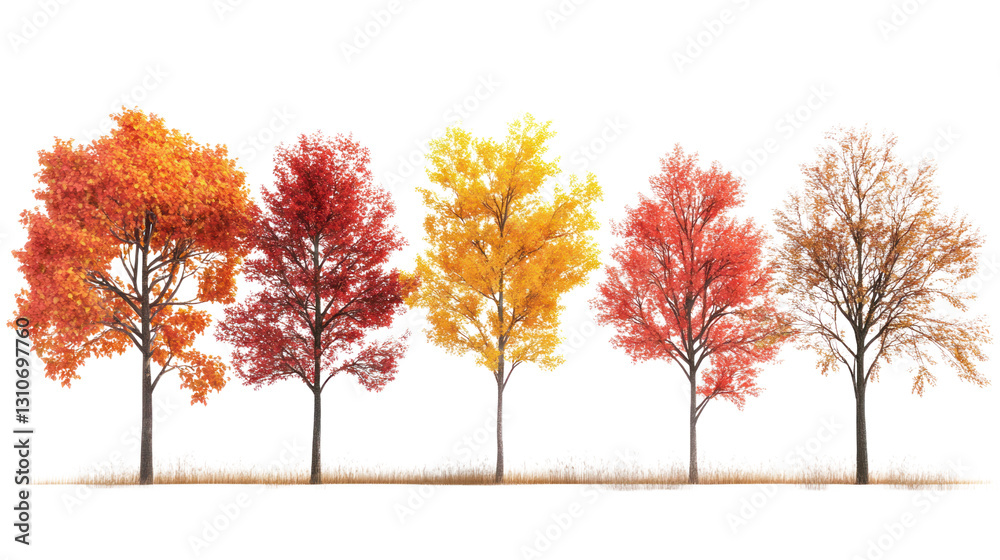 Fototapeta premium Colorful autumn trees with vibrant leaves in shades of red, orange, and yellow against a white isolate background.