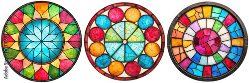 Three colorful stained glass windows with circular designs.