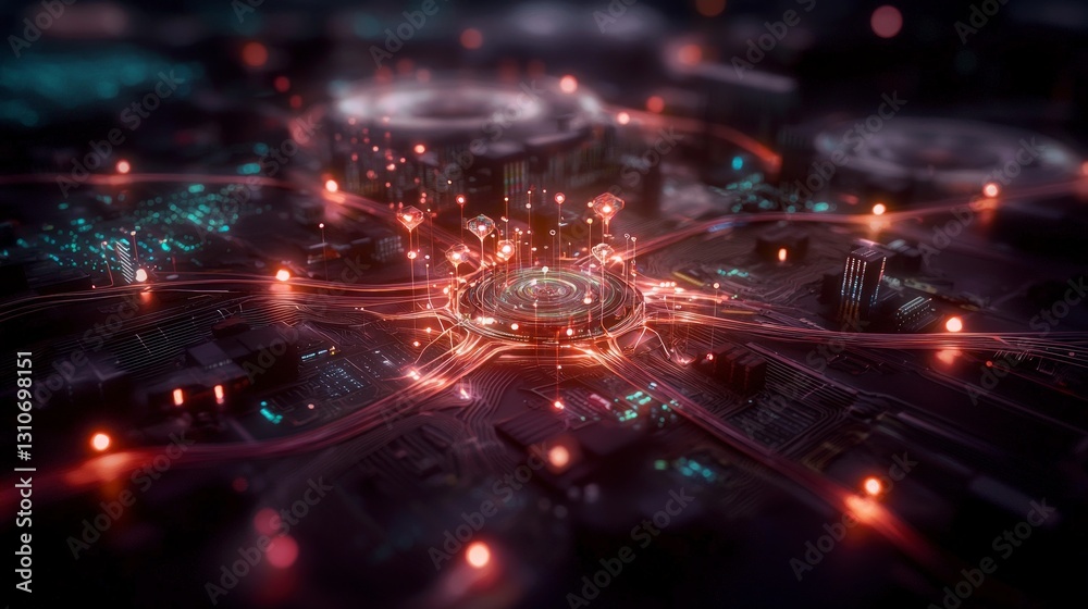 Obraz premium Futuristic AI Network Digital Cityscape Data Streams Neural Connections
