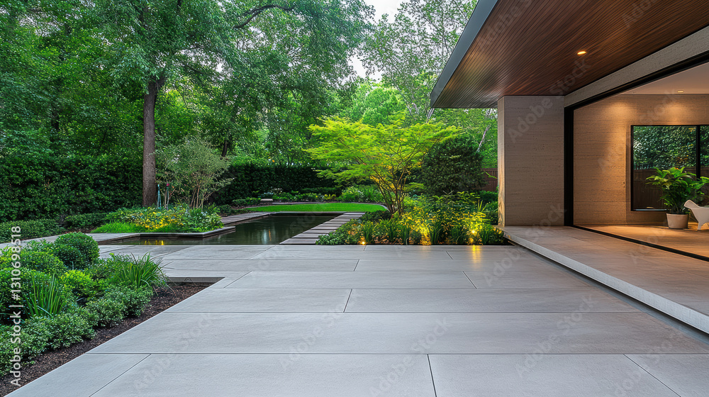 Fototapeta premium minimalist garden featuring clean pathways, lush greenery, and serene water
