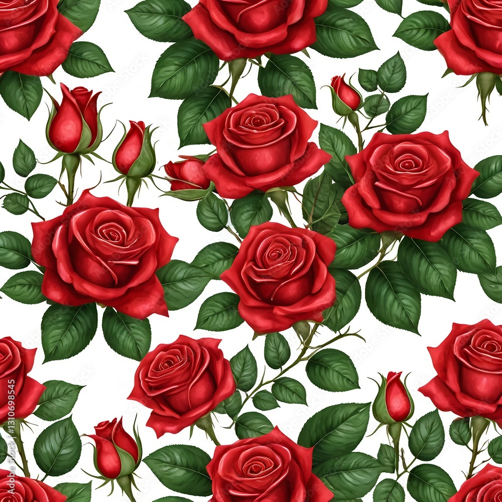 Seamless Pattern of Red Roses and Green Leaves