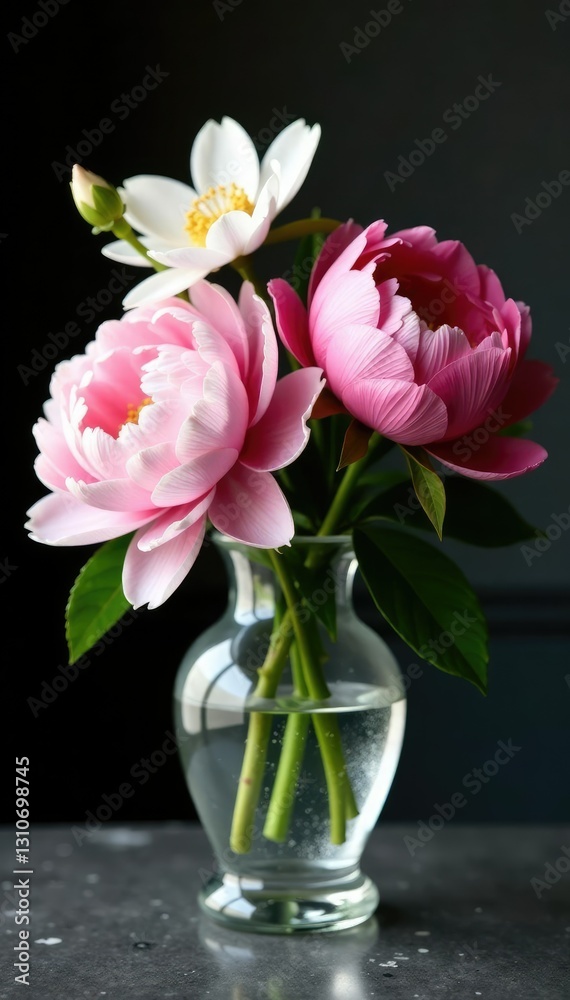 Obraz premium Luxurious peony and gardenia flowers in a crystal vase, opulent, sophisticated, refined