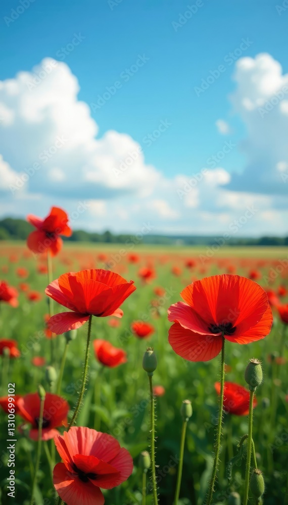 Fototapeta premium Red poppy blooms in a field against a clear blue sky and fluffy white clouds, wildflower, botanical, cloud