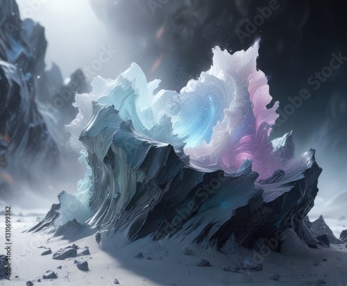Iridescent mist swirled around an ethereal, crystalline formation, extraterrestrial, misty, glowing
