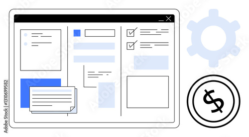 Dashboard with tasks, text boxes, checklists, and icons of a cogwheel and dollar sign. Ideal for productivity, finance, organization, automation workflow project management business tools. Flat