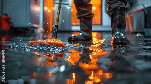 Flooded kitchen, worker mops up water damage