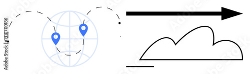 Globe with pinpoint markers linked by dashed lines symbolizes global connections, paired with an arrow and cloud representing data transfer. Ideal for technology, networking, migration