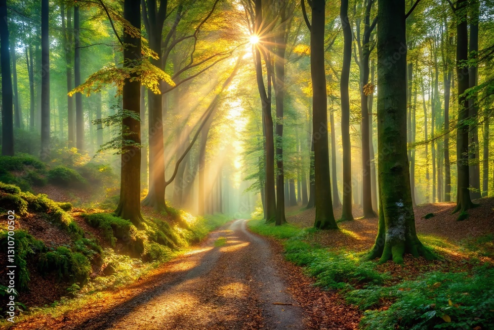 Naklejka premium Misty Forest Path Sunlight Panoramic Landscape Photography