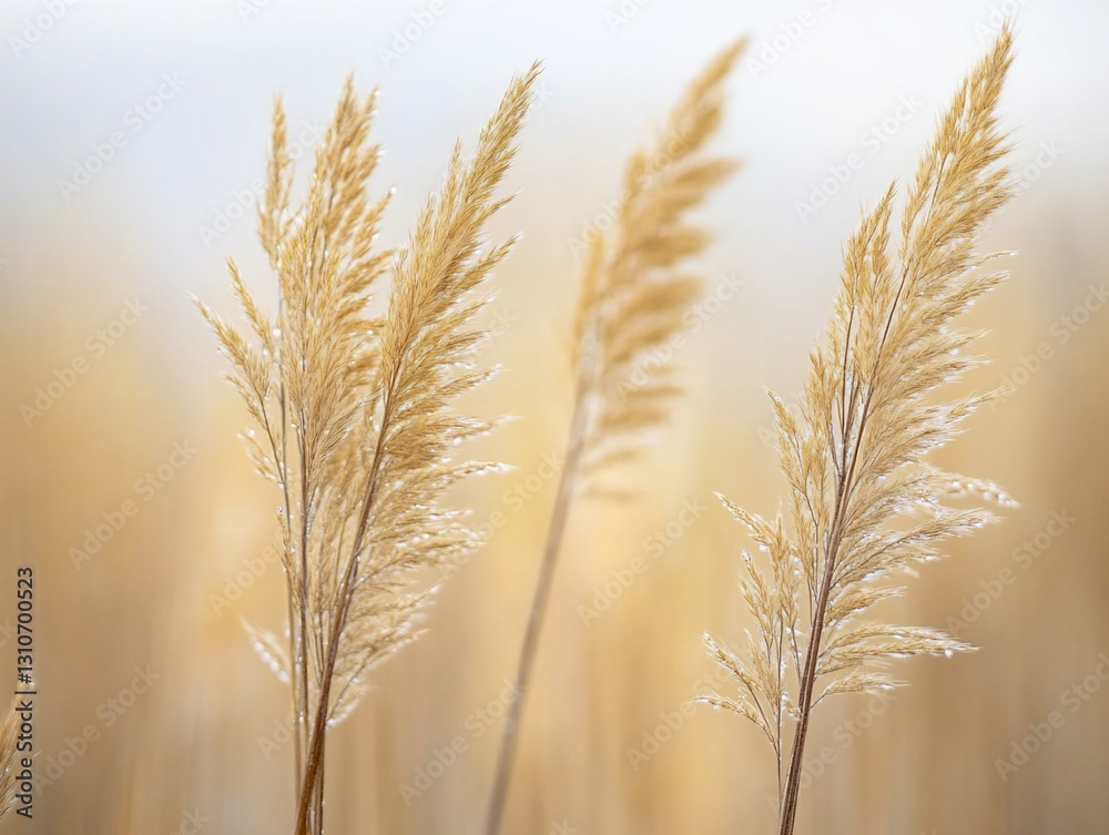 Close-up of three beige-gold reeds with blurred background. Close-up of three beige-gold reeds with blurred background.