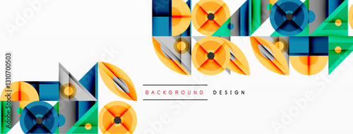 Geometric abstract composition with intersecting shapes, circles, triangles, and gradients, blending vibrant colors and dynamic contrasts to create a modern, futuristic visual design