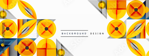Geometric abstract composition with intersecting shapes, circles, triangles, and gradients, blending vibrant colors and dynamic contrasts to create a modern, futuristic visual design