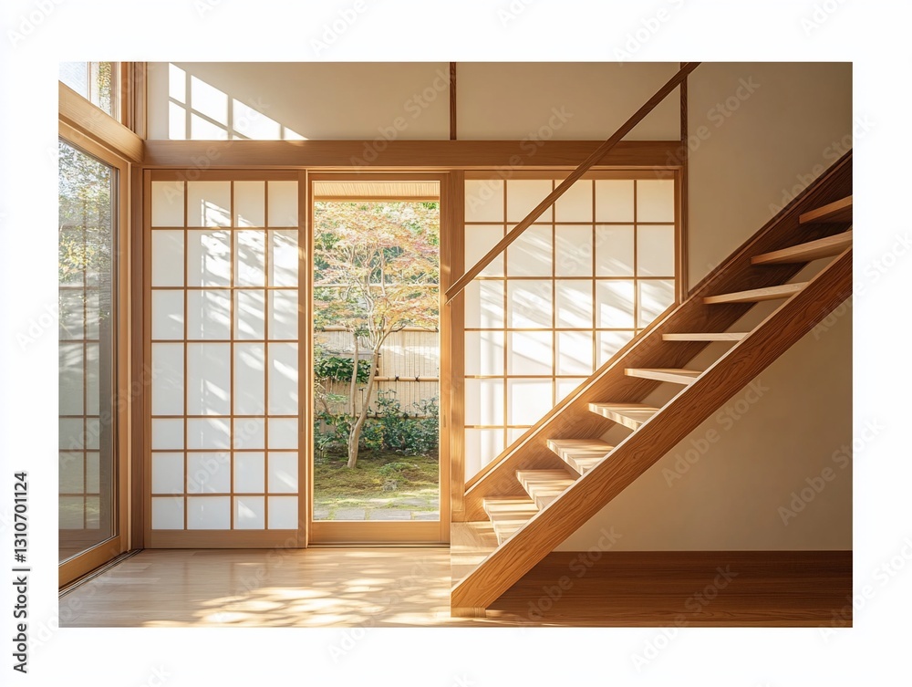 Sunlit modern Japanese interior with shoji screens, wooden stairs, and garden view. Sunlit modern Japanese interior with shoji screens, wooden stairs, and garden view.