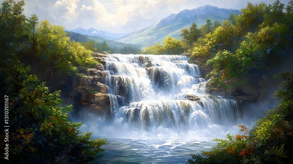 Fototapeta premium Majestic Waterfall Cascading Through Lush Mountain Landscape