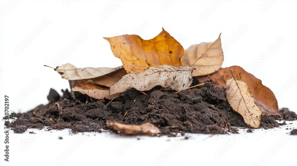 Autumn leaves soil pile background. Dry leaves on dark soil isolated. Nature autumn scene. AI generated Autumn leaves soil pile background. Dry leaves on dark soil isolated. Nature autumn scene. AI generated