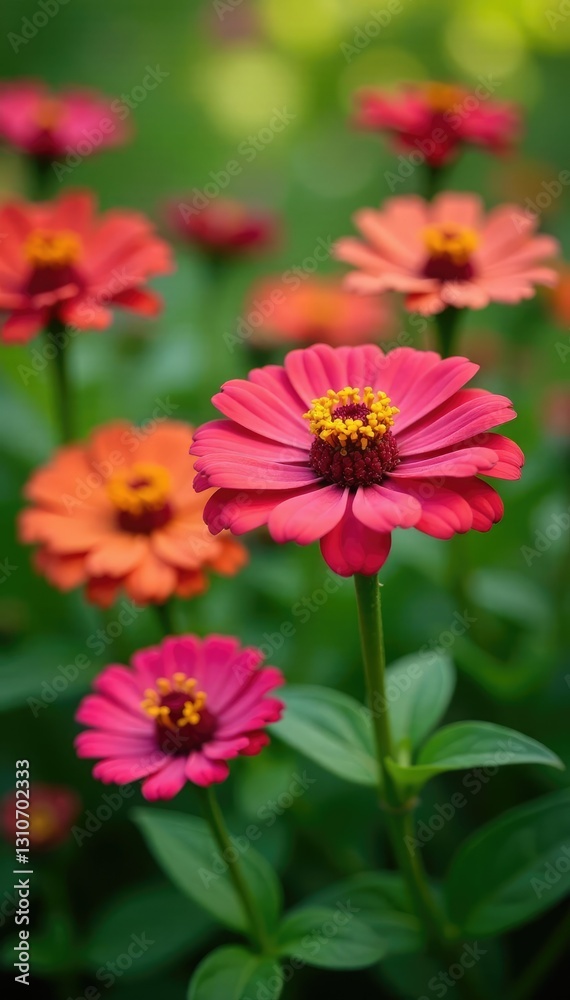 Zinnia flowers swaying gently in the breeze in a garden, zinnias, nature, gentle Zinnia flowers swaying gently in the breeze in a garden, zinnias, nature, gentle