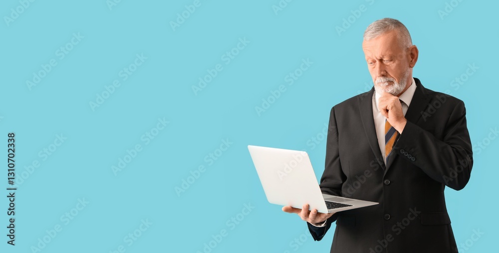 Thoughtful mature businessman with laptop on light blue background with space for text Thoughtful mature businessman with laptop on light blue background with space for text