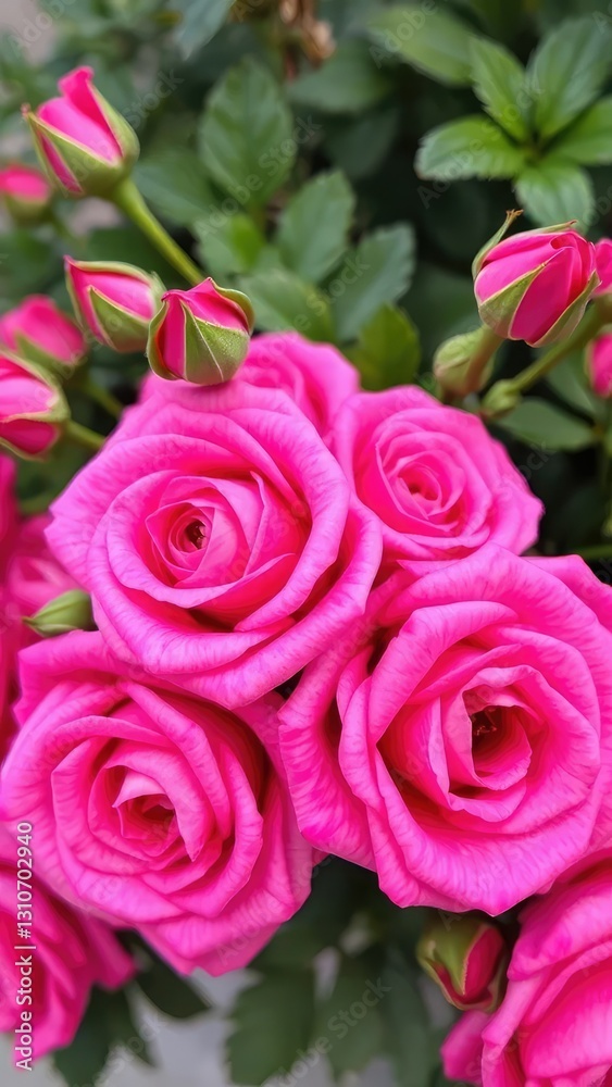 Fototapeta premium A bouquet of fresh pink roses with leafy greens and flower buds,, flowers, blooms