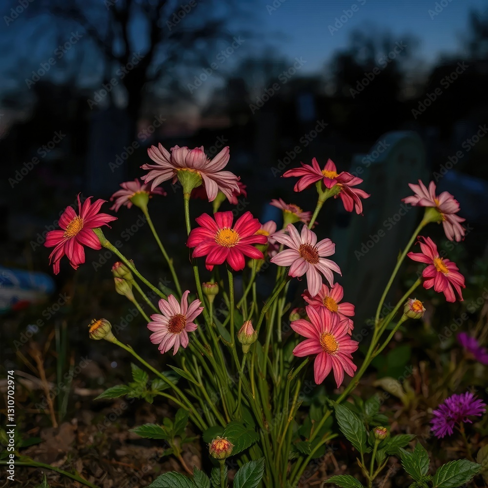 A bouquet of wilting flowers in a grave at twilight, withering, flowers A bouquet of wilting flowers in a grave at twilight, withering, flowers