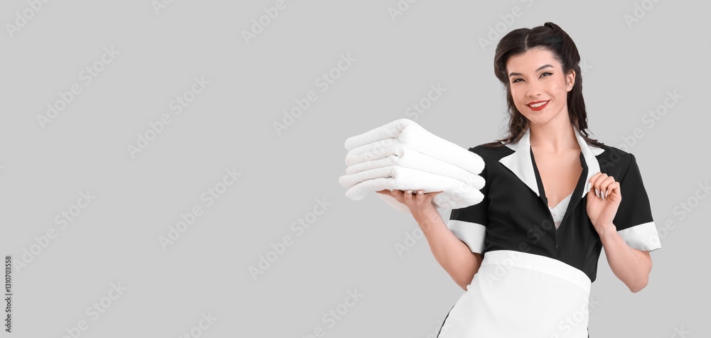 Beautiful pin-up chambermaid with stack of clean towels on grey background with space for text Beautiful pin-up chambermaid with stack of clean towels on grey background with space for text