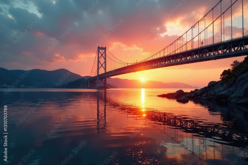 Obraz premium Bridge crossing a bay during sunrise with warm light and gentle ripples, reflection, landscape, colors