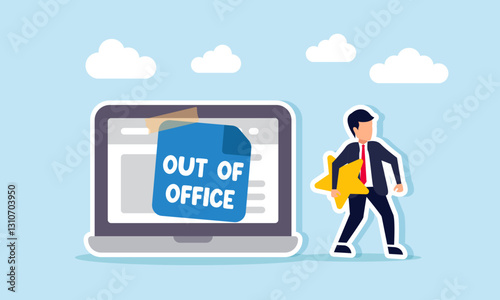A businessman carries a star walking away from a laptop displaying OUT OF OFFICE, illustration of resigning from an office or company with strong individual quality