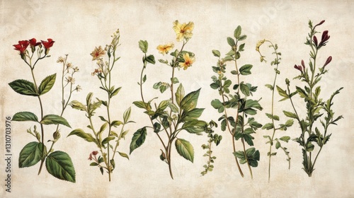 A charming collection of antique-style botanical drawings with faded parchment textures.