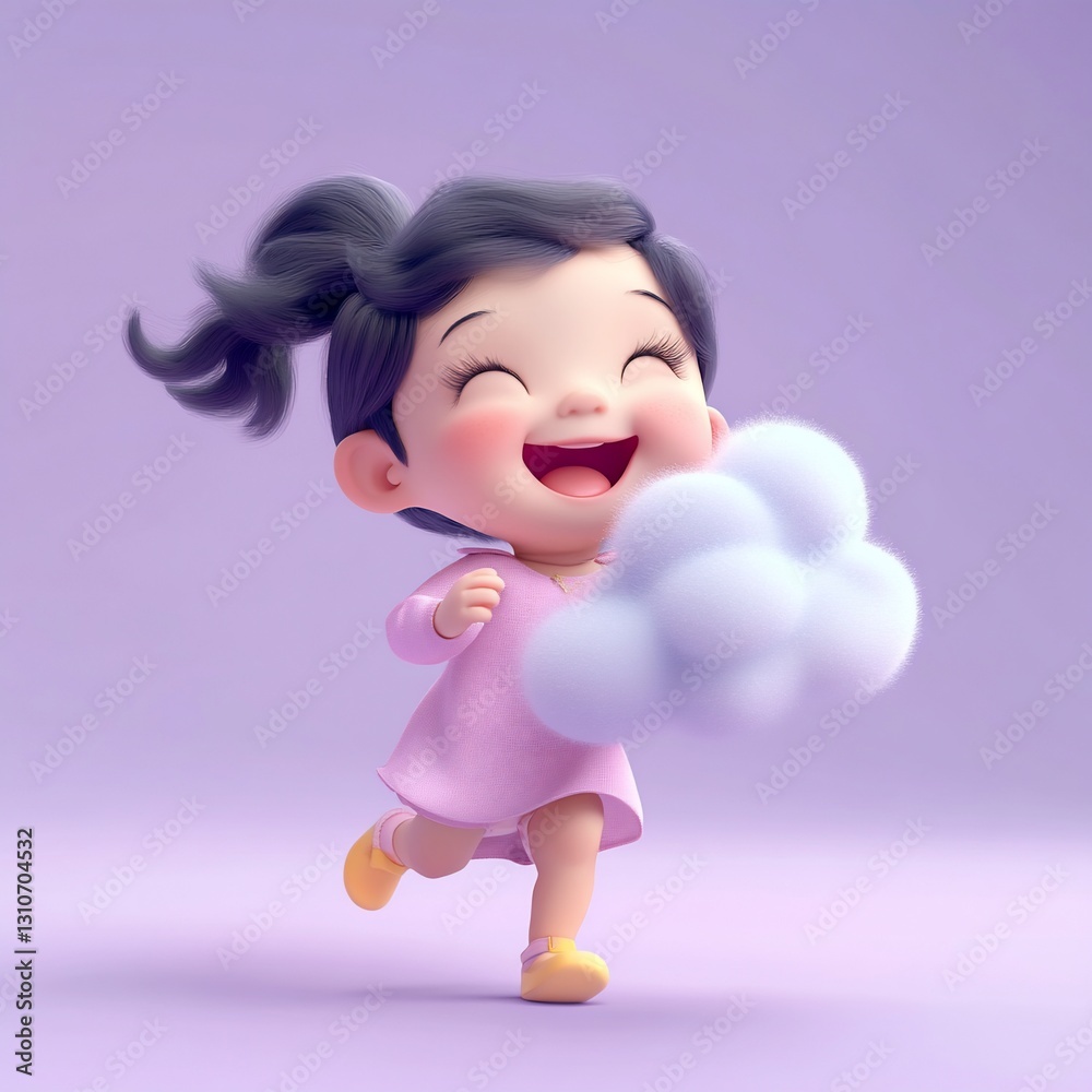Fototapeta premium Happy girl running, holding a fluffy cloud.