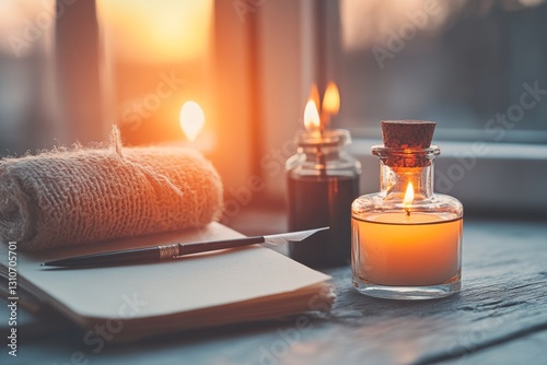 A Victorian writing desk with a quill, an ink bottle, and an antique candle holder, arranged in a warm, nostalgic setting