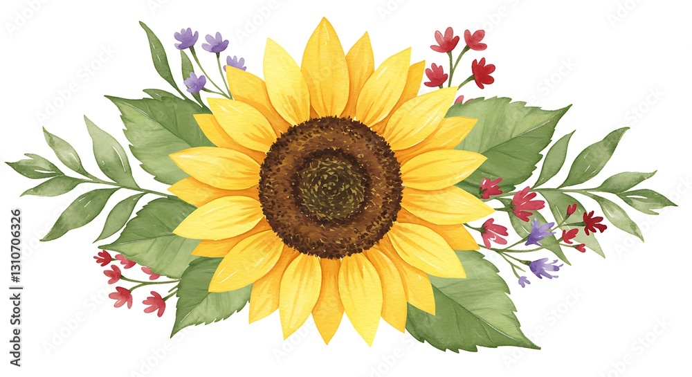 Fototapeta premium Watercolor Sunflower Bouquet with Green Leaves and Small Flowers
