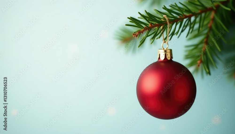 Red ornament hanging from a small twig on a pine branch, festive decor, holiday gift, pine tree Red ornament hanging from a small twig on a pine branch, festive decor, holiday gift, pine tree