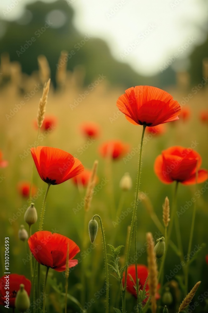 Red poppies in a field of tall grasses and long, golden leaves, tall grasses, gardening Red poppies in a field of tall grasses and long, golden leaves, tall grasses, gardening