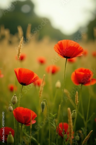 Red poppies in a field of tall grasses and long, golden leaves, tall grasses, gardening