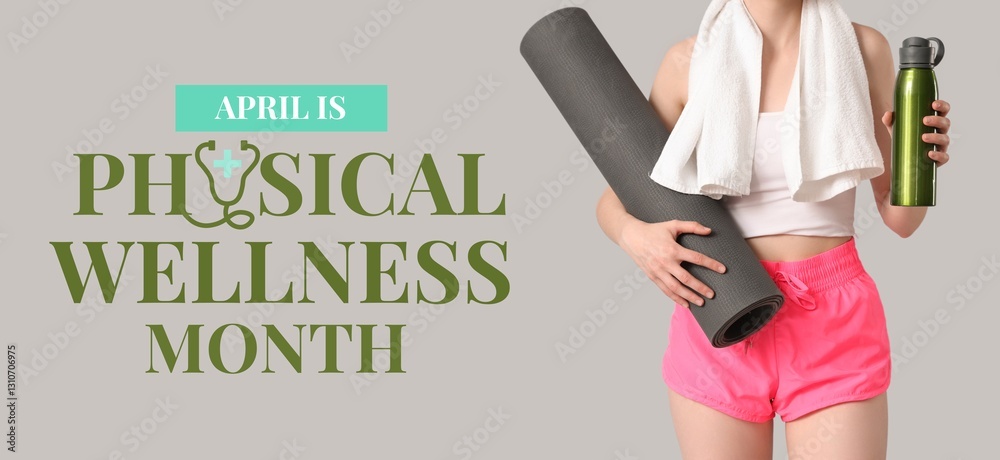 Fototapeta premium Sporty young woman with yoga mat and bottle of water on grey background. Banner for Physical Wellness Month