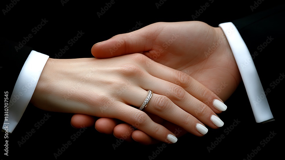Obraz premium Close Up of a Couple's Hands Clasped Together, Featuring a Diamond Ring