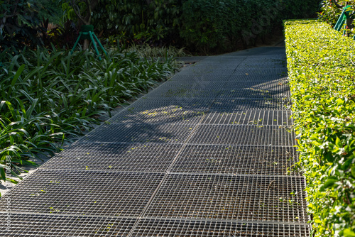 Wallpaper Mural A garden pathway made of metal grid or mesh walkway panels allows plants to grow beneath while providing a stable walking surface. Structured landscaping design balances accessibility with aesthetics Torontodigital.ca