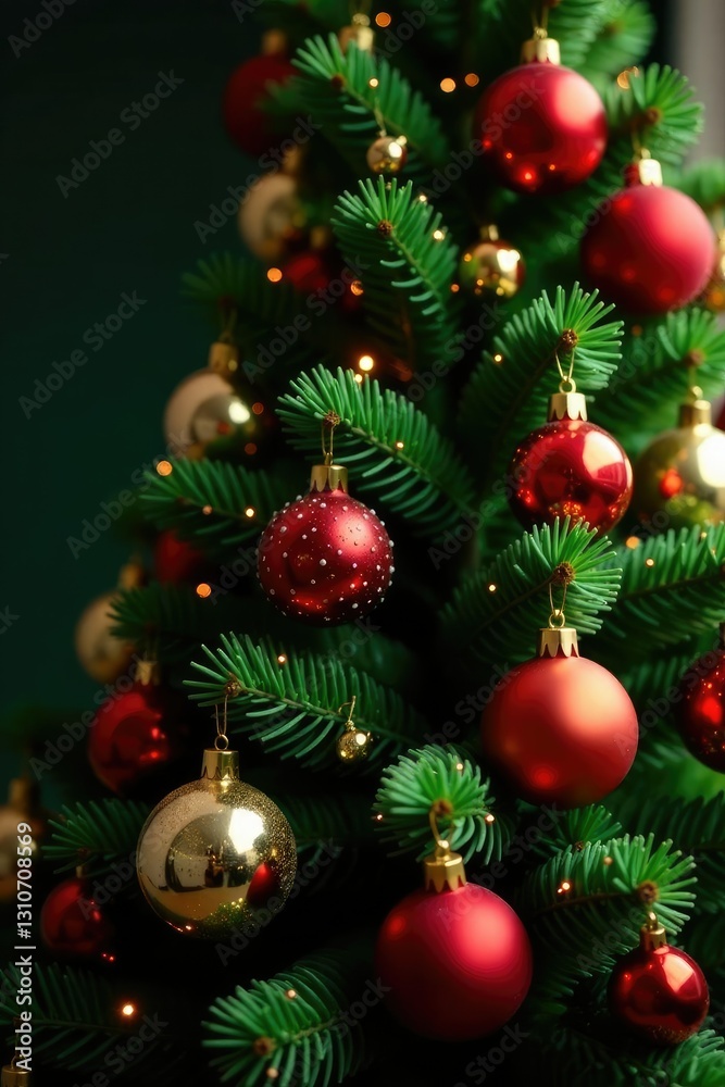 Fototapeta premium The evergreen tree is loaded with colorful red and gold glass balls, tree decorations, festive atmosphere, ornaments