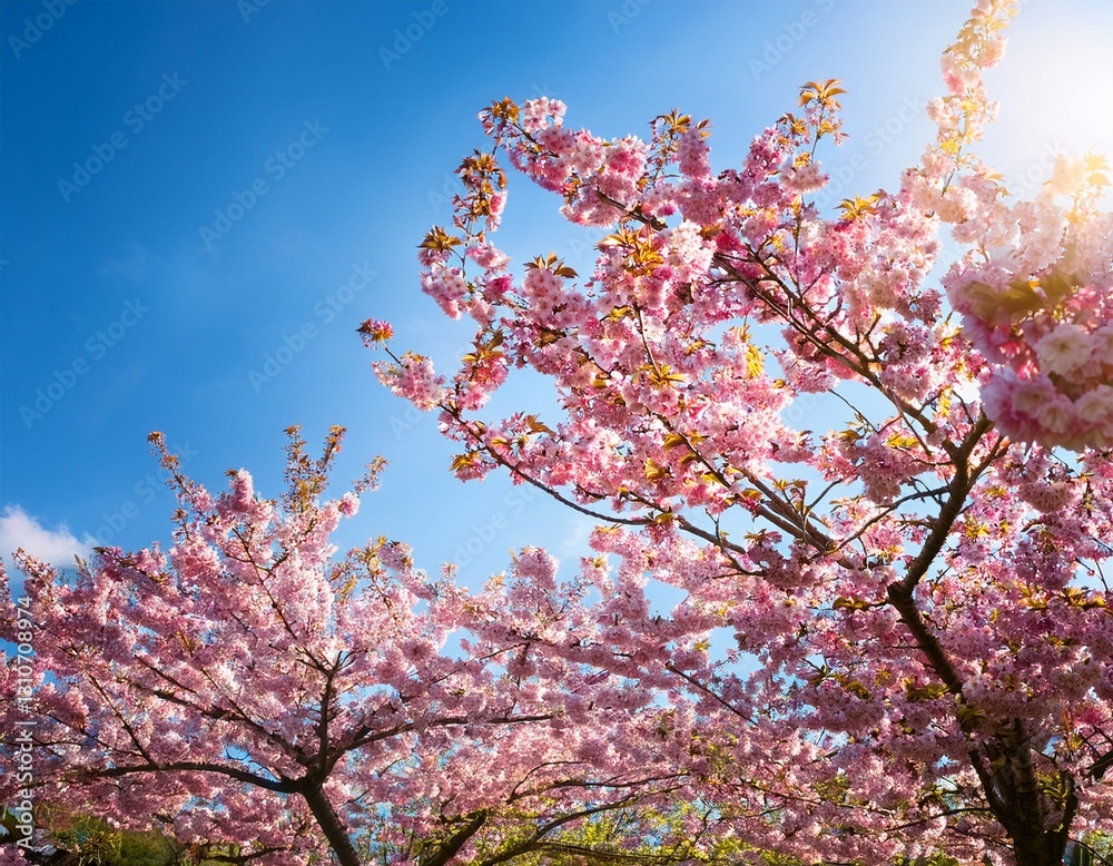 colorful cherry blossoms in full bloom against a blue sky with gentle spring breeze rustling through branches and sunlight filtering through trees seasonal change floral garden colorful cherry blossoms in full bloom against a blue sky with gentle spring breeze rustling through branches and sunlight filtering through trees seasonal change floral garden