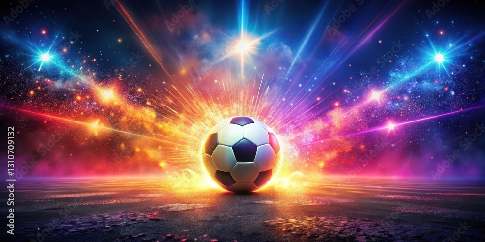 Fototapeta premium A Futuristic Soccer Ball Exploding with Cosmic Energy on a Dark Surface