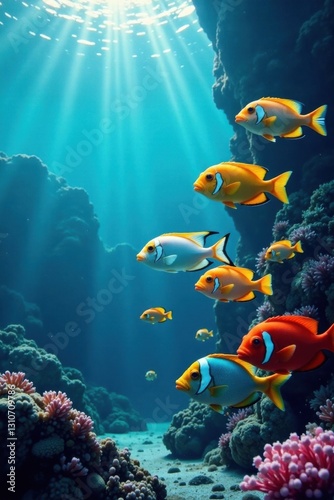 School of colorful fish swimming together in the ocean, ocean, marine life, finned friends