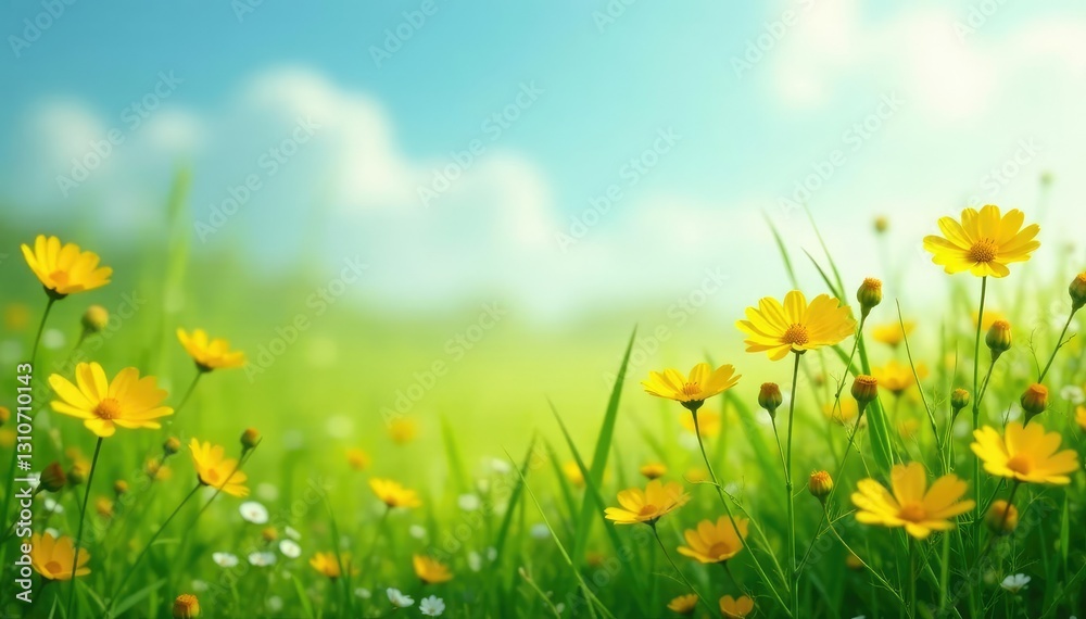 Yellow wildflowers swaying in the breeze amidst green grass, garden, flowers Yellow wildflowers swaying in the breeze amidst green grass, garden, flowers