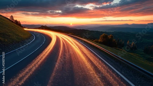 Stunning sunset over a winding mountain road. Light trails from moving cars create a vibrant and dynamic scene.