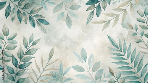 Serene Aqua and Beige Botanical Watercolor Design Featuring Elegant Branch and Leaf Arrangements on a Textured Background