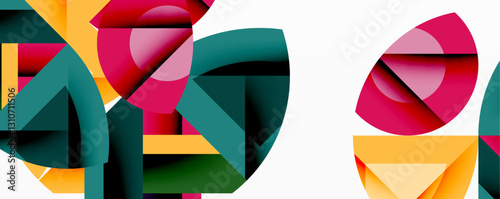 Abstract geometric artwork with interwoven angular and curved shapes, dynamic composition with smooth gradients and bold contrasts