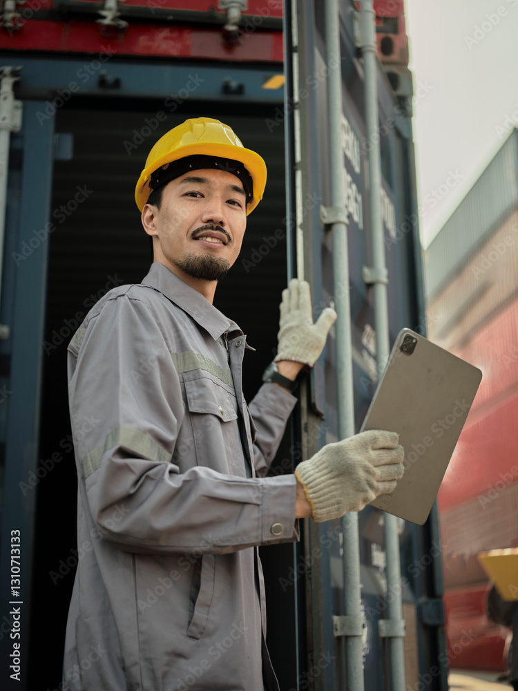 Portrait of young Asian worker wearing safety helmet.