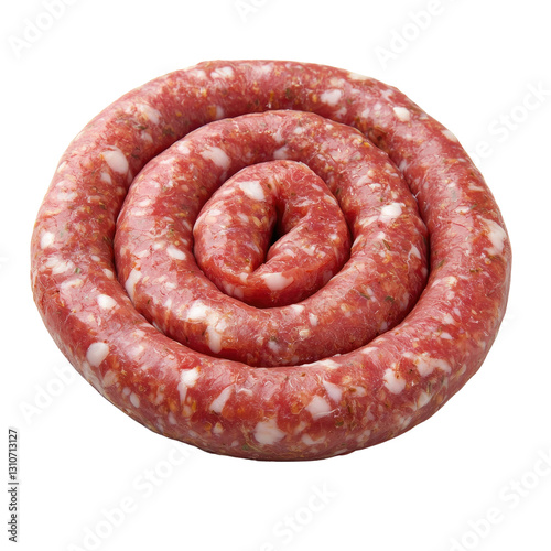Fresh raw sausage coil in a spiral shape, showcasing vibrant colors and textures, perfect for culinary or food-related themes