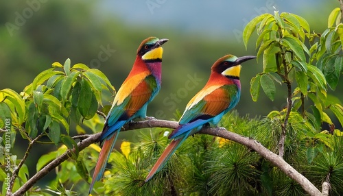 two colorful birds perched on a branch surrounded by lush foliage
