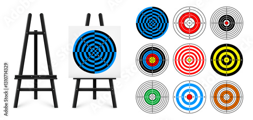 Shooting range target on a wooden easel stand. Paper target with divisions, marks and numbers. Archery, gun shooting and training, sport competition, hunting. Bullseye and aim. Vector illustration